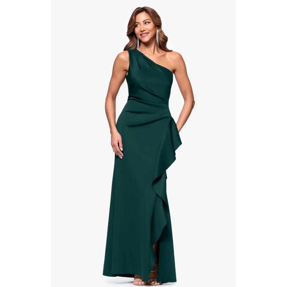 NWT Xscape Flo Long Techno Scuba One Shoulder Ruffle Dress Size 10